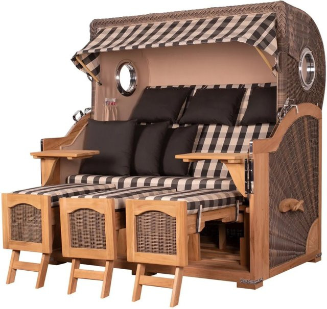 bene,iving Strandkorb Komplettset Ammersee Grande XXL mit Teakholz-Gestell und Polyrattangeflecht in Grau Modell 505 - Bild 1