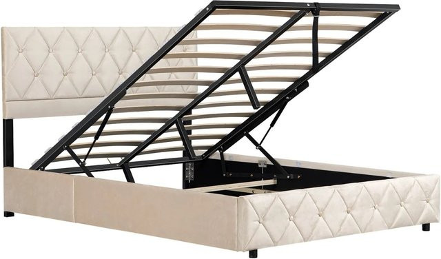 okwish Einzelbett mit Stauraum und Kopfteil in Beige inklusive Matratze, B/T/H: 140,5 x 204 x 110 cm - Bild 1