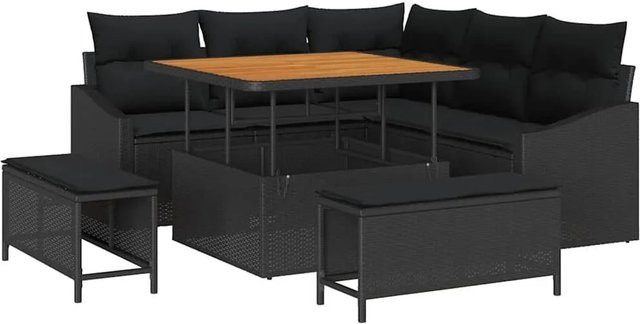 vidaXL Gartensofa-Set aus Polyrattan in Schwarz mit 8 Kissen, Ecksofa, Ottoman und Couchtisch für Terrasse und Garten - Bild 1