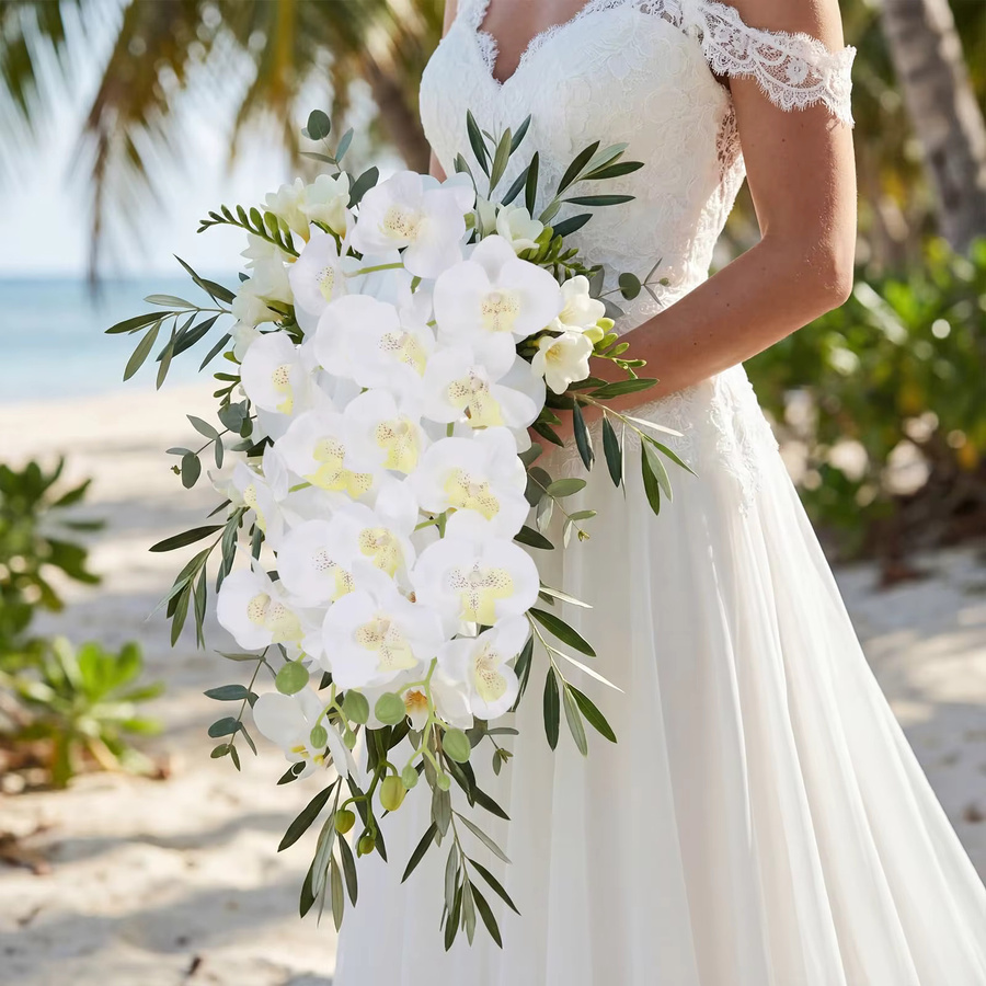 6 Stück künstliche Orchideen von BloomEver in Weiß und Grün aus Textil für deine Dekoration bei Hochzeiten, Partys oder im Garten - Bild 2