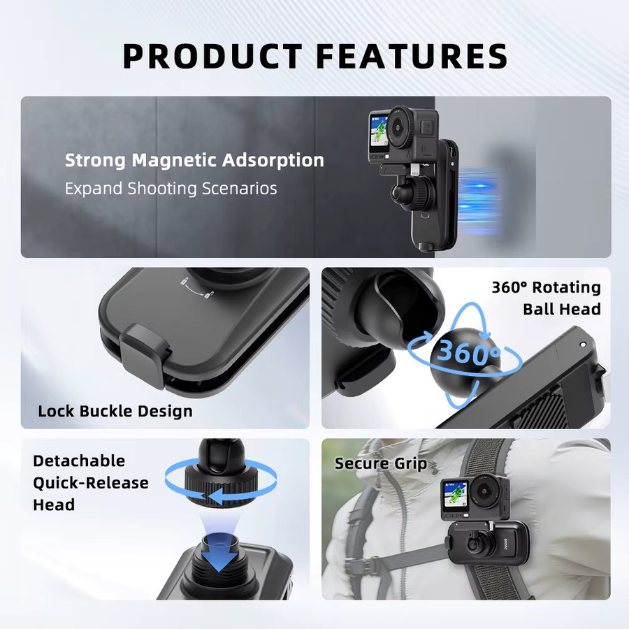 BRDRC Magnetischer Rucksack-Clip für DJI Action 6/5 Pro/4 Kamera-Zubehör, 360 Grad drehbarer Schnellwechsel-Adapter, Schwarz - Bild 6
