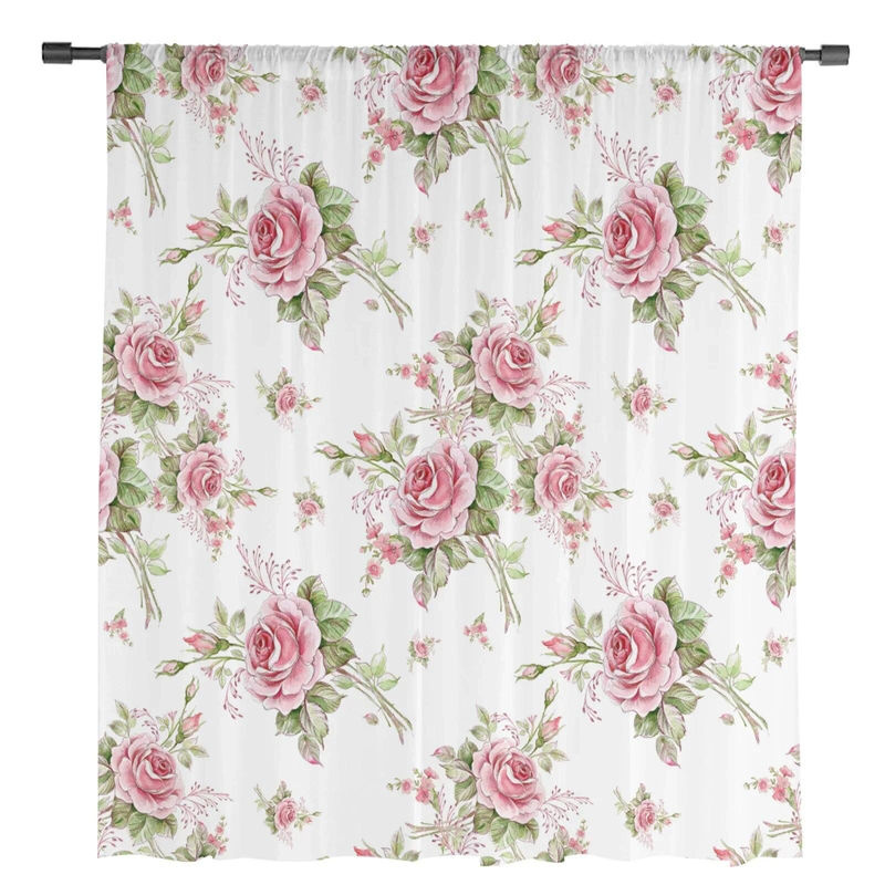 A Family Of Home Textiles Transparente Tüll-Vorhänge Rosa mit Blumenmuster, 2er-Set, Breite: 135 cm, Höhe: 183 cm - Bild 4