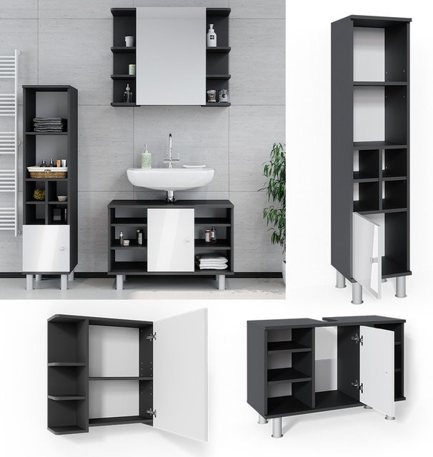 Vicco Badmöbel Set Fynn 3-teilig in Anthrazit und Weiß mit Spiegelschrank, Waschbeckenunterschrank und Hochschrank - Bild 1