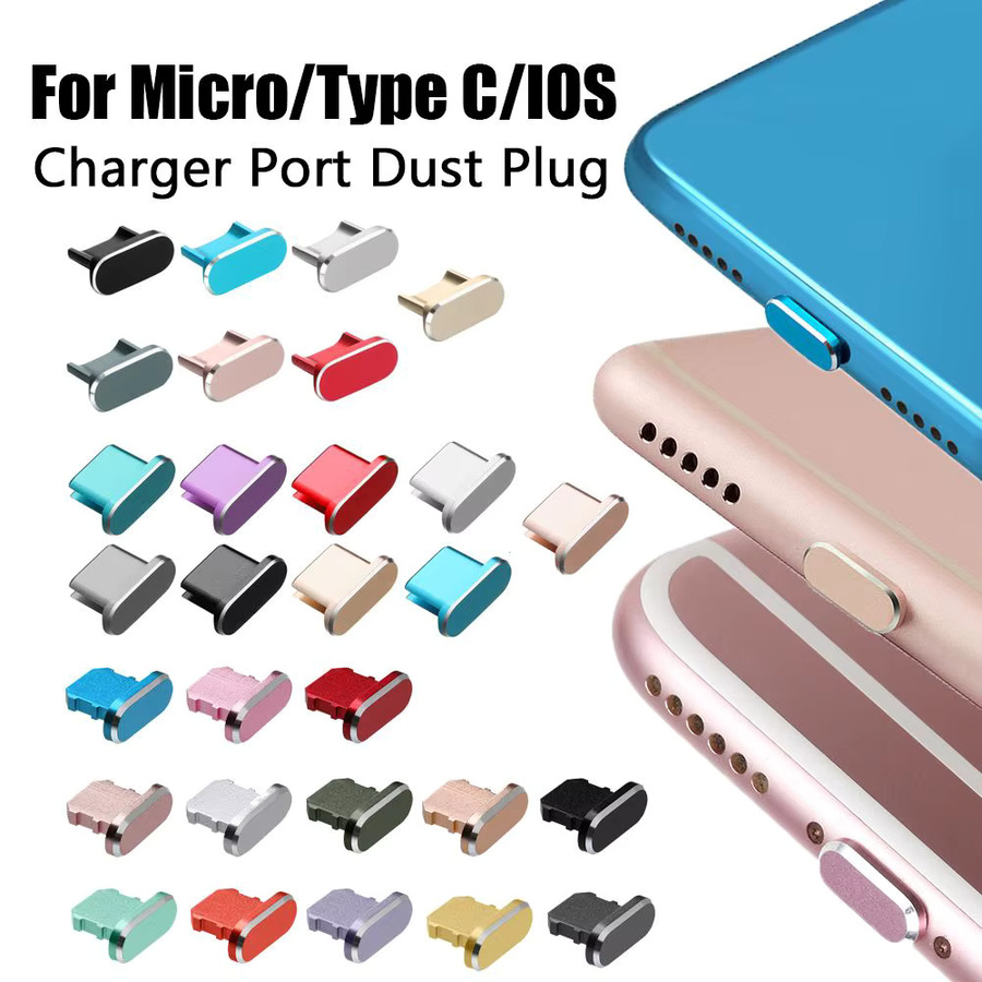 Anti-Staub Metall Stecker Ladegerät Dock Stopper für Micro USB, Typ C und iPhone in Schwarz und Multicolour - Bild 3