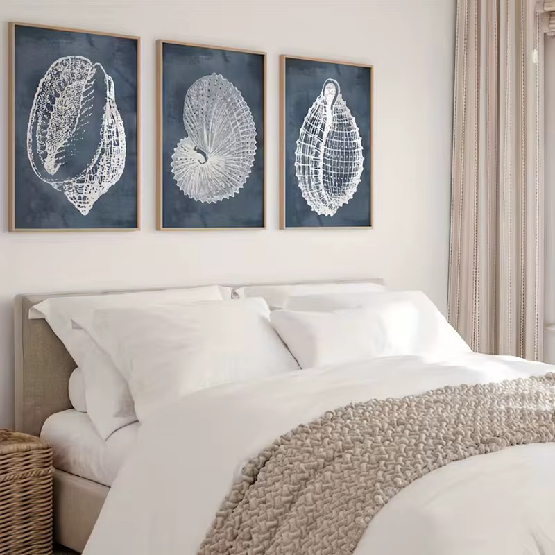 HQYSZZ 3-teiliges Leinwand-Wandkunst-Set mit blauem nautischem Muschel-Motiv für deine maritime Dekoration - Bild 3