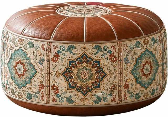 Aufbewahrungs-Hocker Pouffe von guxuDZ mit Boho-Muster aus braunem PU-Leder, zylindrisch, Höhe: 35 cm - Bild 1