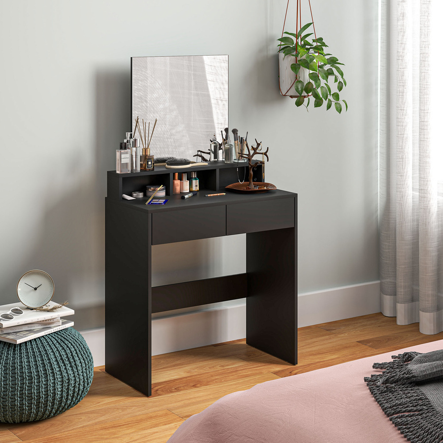 HOMCOM Schminktisch mit Spiegel in Schwarz, modern mit 2 Schubladen und 3 offenen Fächern, B/T/H: 75 x 38 x 135 cm - Bild 2
