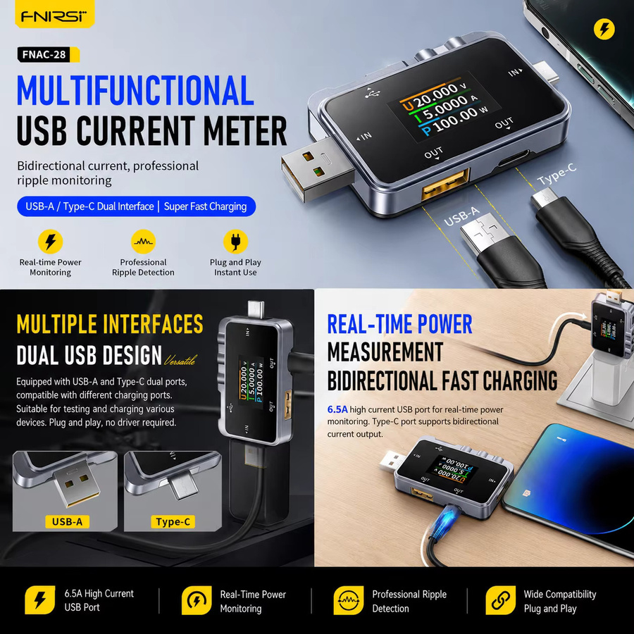 FNIRSI FNAC-28 2-in-1 Typ-C USB-Tester Digitales Voltmeter und Amperemeter in Schwarz zur Messung von Spannung und Strom für Handy und Laptop - Bild 2