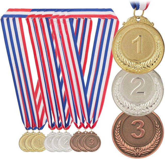 Relaxdays Medaille Metall Gold Silber Bronze 12er Set mit Stoffband - Bild 1