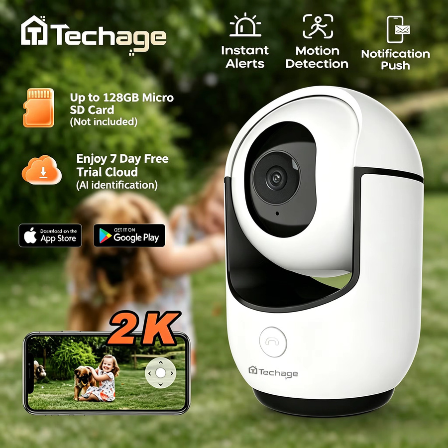Techage 2K WLAN-Sicherheitskamera mit Schrei-Erkennung, 355 Grad PT Auto-Tracking und Zwei-Wege-Audio, Weiß - Bild 6
