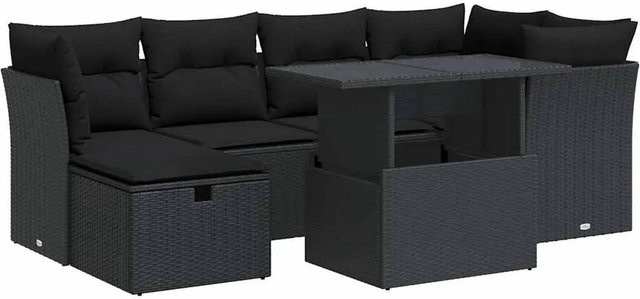 vidaXL 7-teilige Garten-Sofagarnitur in U-Form aus Polyrattan mit Kissen in Schwarz - Bild 1