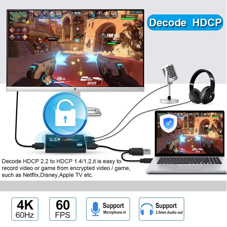 Navceker 4K UHD Video Capture Card mit HDMI Bypass, USB 3.0 Video Grabber für 1080P 60Hz Live-Streaming und Spielaufnahme, Schwarz - Bild 3