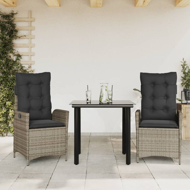 vidaXL 3-teilige Garten-Essgruppe aus Polyrattan mit Kissen und Glastisch in Grau - Bild 3