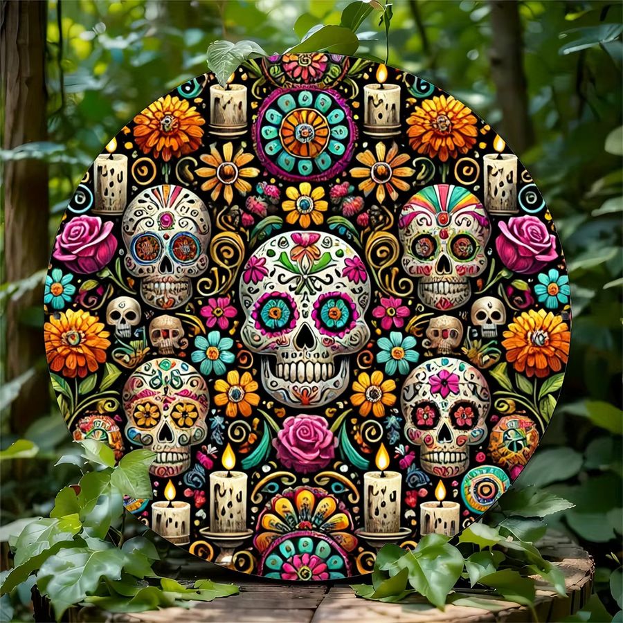 HELLOYOUNG Metallschild Candy Skull Kranz Tag der Toten Dekoration, rund, multicolor - Bild 4