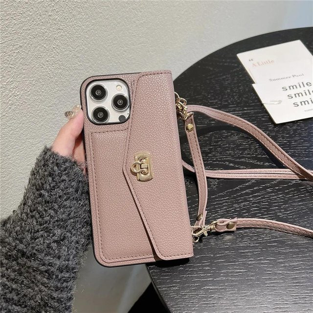 Yiran Leder Umhängetasche und Brieftasche als Handyhülle für iPhone 15 Pro, 14, 13, 12, 11, Pro Max mit Kartenfach und Ständer, Farbe: Grau - Bild 1
