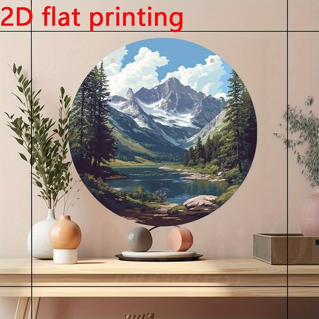 Potdemiel Vintage Metall-Wandkunst Landschaft mit Berg, See und Kiefern, rund, Mehrfarbig, Durchmesser: 20,3 cm - Bild 1