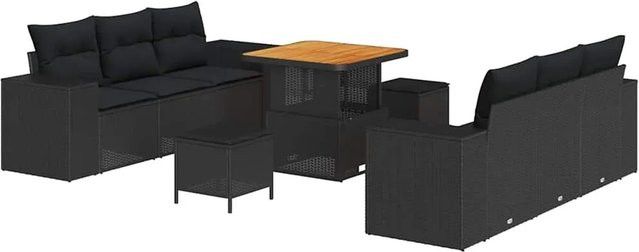 vidaXL Garten-Sofa-Set aus Poly-Rattan in Schwarz mit 9 Teilen, modernem Design, Polsterkissen und Stauraumfunktion - Bild 1