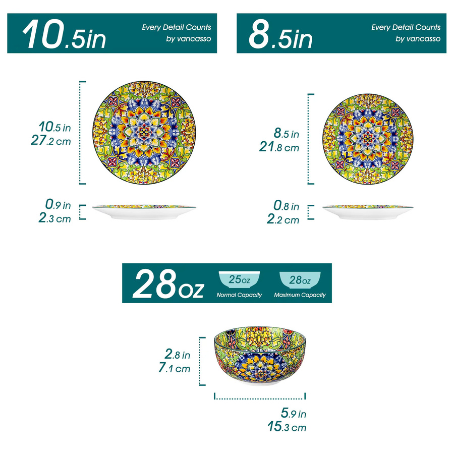 vancasso 12/24-teiliges Keramik-Geschirrset aus Porzellan im Bohemian-Stil mit floralem Design, grün und mehrfarbig - Bild 2