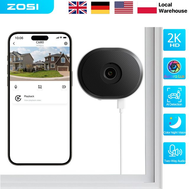 ZOSI C680 2K WLAN Fenster-Sicherheitskamera mit 3MP Auflösung und vollfarbiger Nachtsicht für Heim und Büro - Bild 1