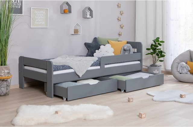 TiCAA Kinderbett Bennet aus Kiefer Massivholz mit Schubkasten und Rausfallschutz, Farbe Grau - Bild 1
