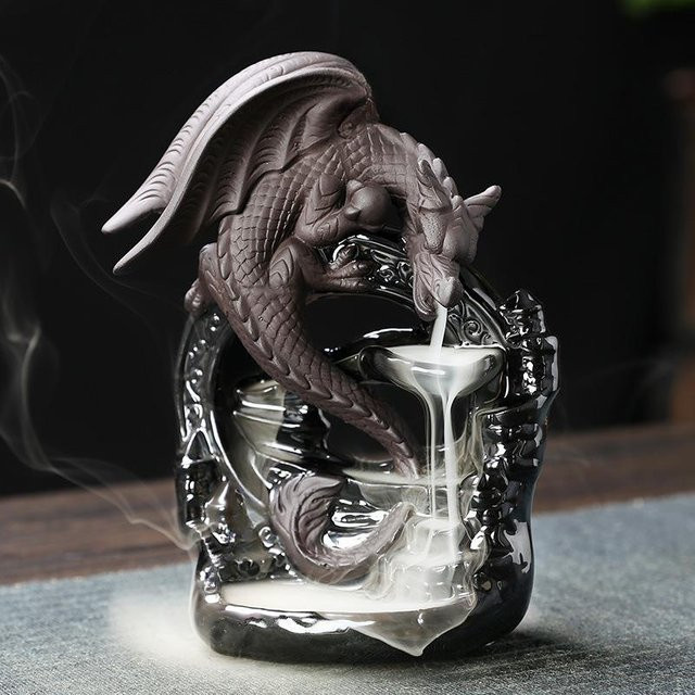 Yiran Furniture Aromatherapie-Ofen mit Wasserfall-Rückfluss in Drachen-Design, Schwarz, Sandelholz-Duft, Keramik und Emaille - Bild 1