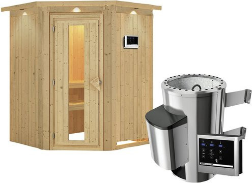 Karibu Sauna Wolmar aus Fichtenholz mit 3,6 kW Saunaofen und externer Steuerung für 3 Personen, beige - Bild 1