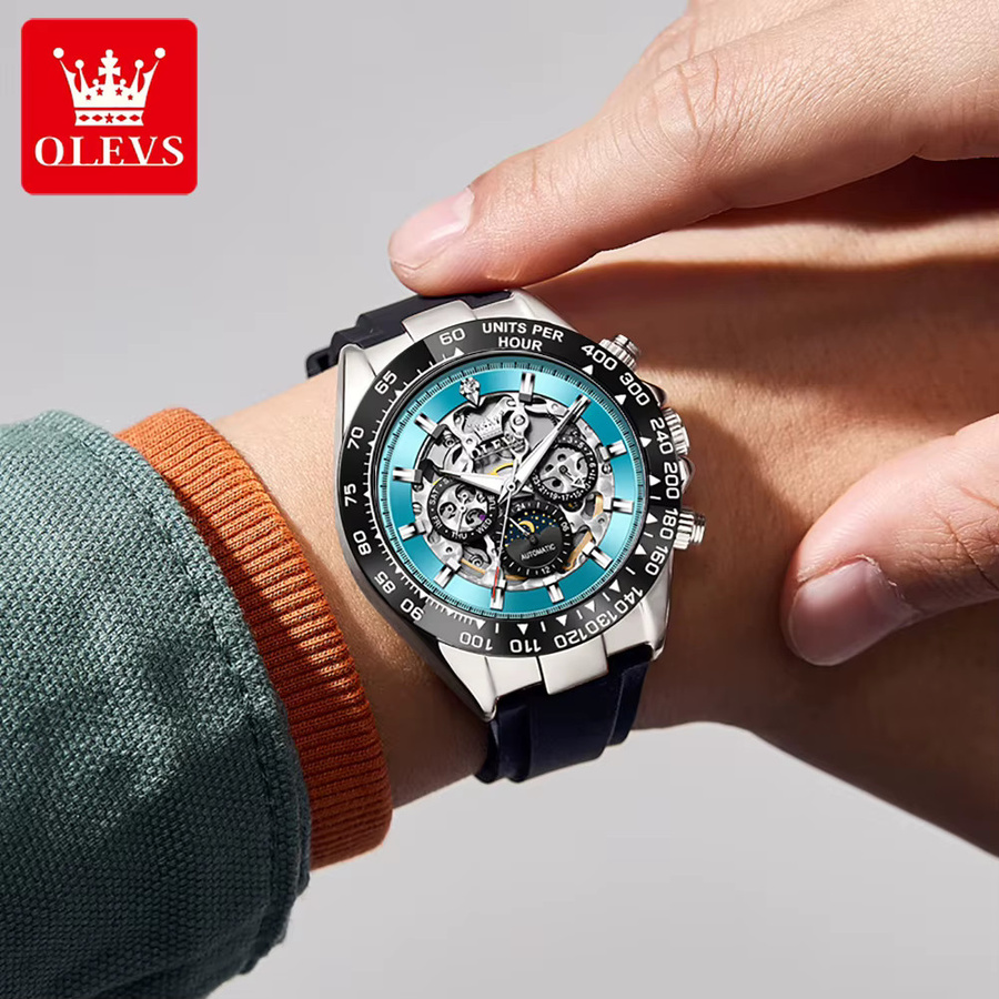 OLEVS Armbanduhr, Automatik, Skelett, Mondphase, Silikonarmband, Herren - Bild 4
