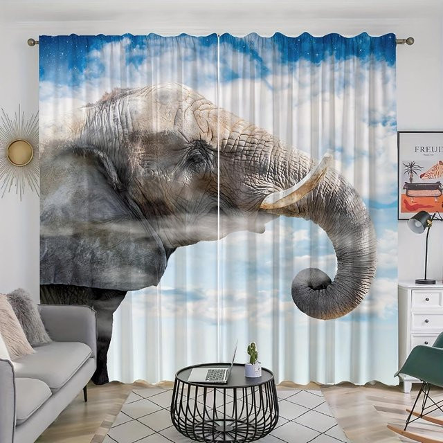 2er-Set dekorative 3D Tier-Vorhänge mit Nashorn und Elefant Motiv in Blau, semi-transparent, B: 50 cm, H: 130 cm - Bild 1