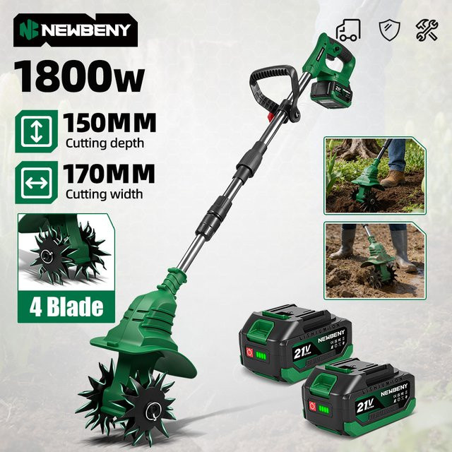 NewBeny Elektrischer Gartenfräser Kabelloser Handkultivator Bodenlockerer in Grün für Makita LXT Akku - Bild 1