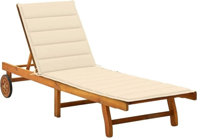 vidaXL Sonnenliege aus Akazie Massivholz mit Auflage in Cremeweiß und Beige, inklusive verstellbarer Kopfstütze, Rollen und Seitentisch - Bild 1