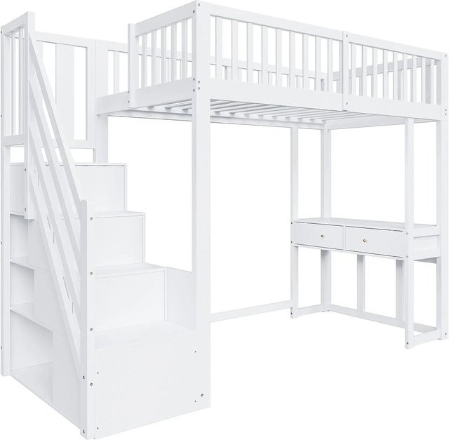 Merax Hochbett für Kinder aus Massivholz und MDF mit Stauraumtreppe und Tisch in Weiß, B/T/H: 200 x 90 x 175 cm - Bild 1