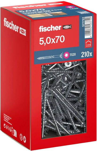 Fischer PowerFast II Senkkopf Teilgewinde Schraube mit Torx-Antrieb aus verzinktem Stahl, Farbe: Silber, Durchmesser: 5 mm, Länge: 70 mm, 210 Stück - Bild 1