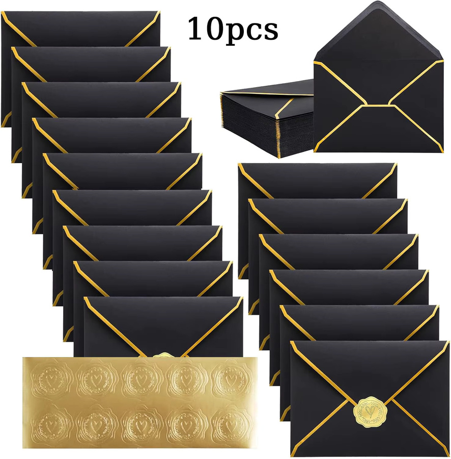 10 Stück A7 Kartenumschläge mit goldenem Rand und selbstklebender V-Klappe in Schwarz und Gold - Bild 3