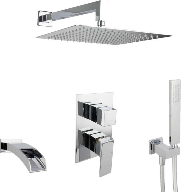 PaulGurkes Regendusche Duschset mit Handbrause und 3-Wege-Umschalter, Eckig, Chrom, Breite: 30 cm, Tiefe: 30 cm - Bild 1