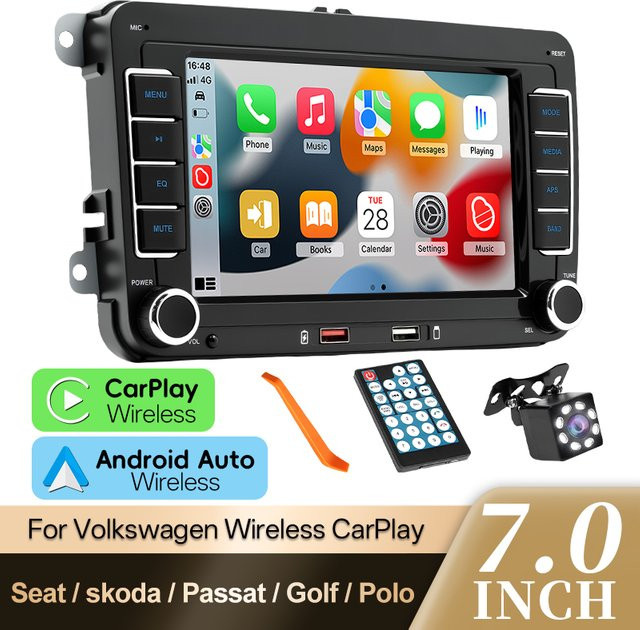 Hippcron 2DIN Multimedia MP5 Autoradio mit 7 Zoll Display, Wireless Carplay und Android Auto, Schwarz, passend für Volkswagen, Seat, Skoda, Passat, Golf und Polo - Bild 1