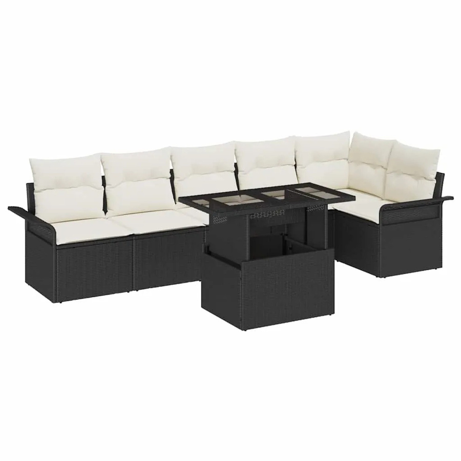 vidaXL 7-teiliges Gartensofa-Set aus Polyrattan in Schwarz-Creme mit Kissen und Tisch im L-Shape Design - Bild 2