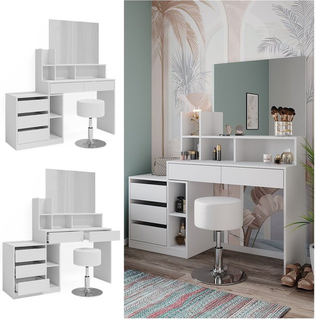 Vicco Schminktisch Anja Weiß mit Spiegel und Hocker modern B/T/H: 139,8 x 56,9 x 115 cm - Bild 1