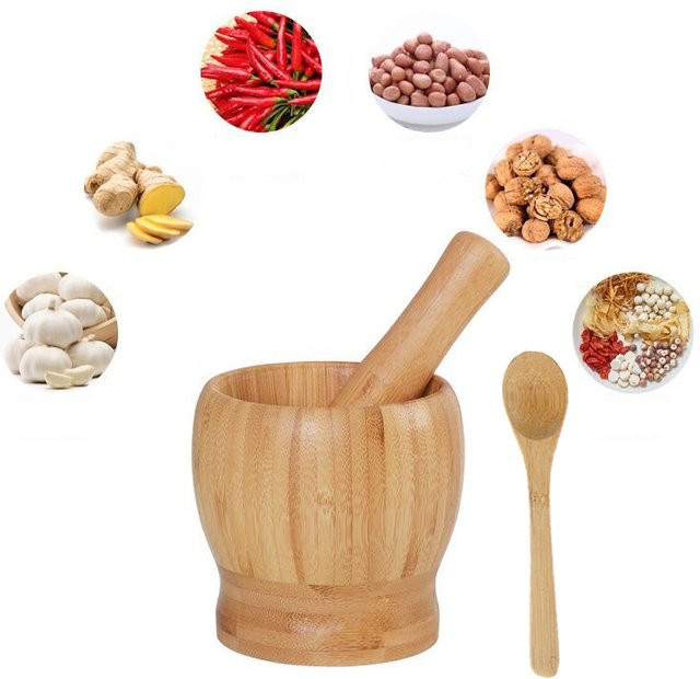 Multifunktionaler Holzmörtel mit Stößel in Braun zum Zerdrücken und Stampfen von Knoblauch und Lebensmitteln - Bild 1
