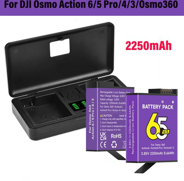 DJI Akku und Schnellladegerät Set für Osmo Action 4 5 Pro und Action 6 Kamera, 2250 mAh, Schwarz - Bild 1