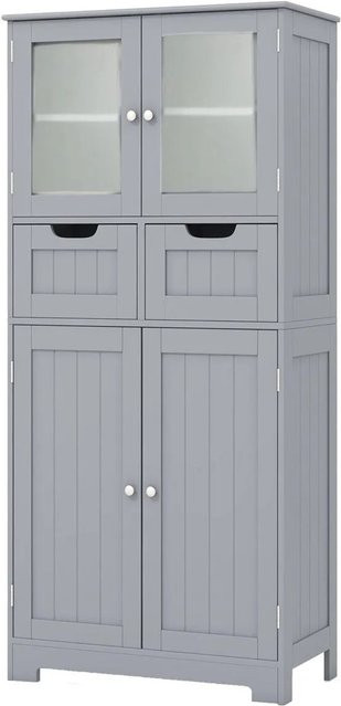 Costway Badezimmerschrank in Grau mit Glastüren, 2 Schubladen und 4 Türen - Bild 1