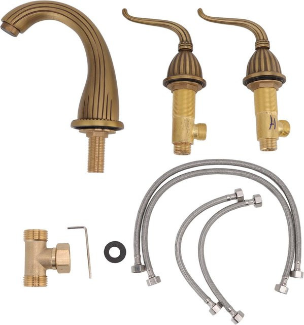 Aimo Badezimmerwaschbecken Armatur mit zwei Griffen in Antikmessing und Gold/Braun - Bild 1