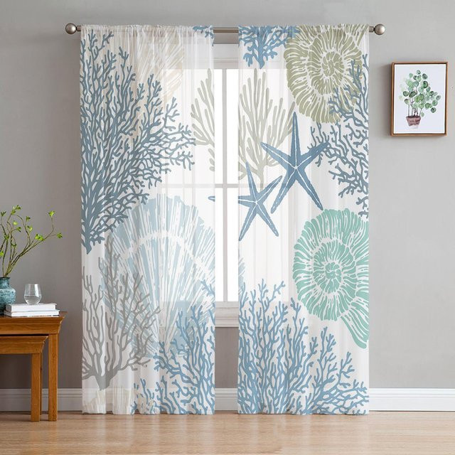 Yiran Furniture Tüll-Voile-Vorhang mit Meeresmotiven in Blau und Transparent, Breite: 135 cm, Höhe: 115 cm - Bild 1