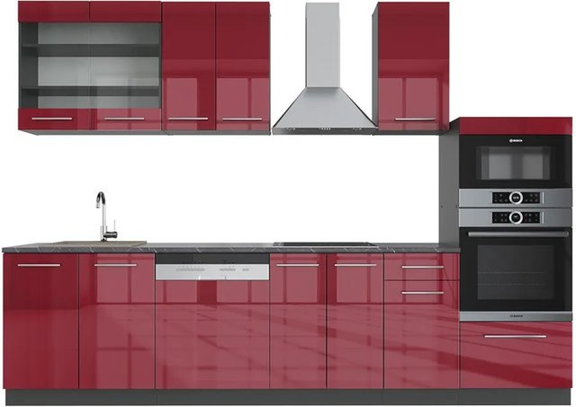 Vicco Fame-Line Küchenzeile Bordeaux Hochglanz und Anthrazit mit Hochschrank, Breite: 300 cm - Bild 1