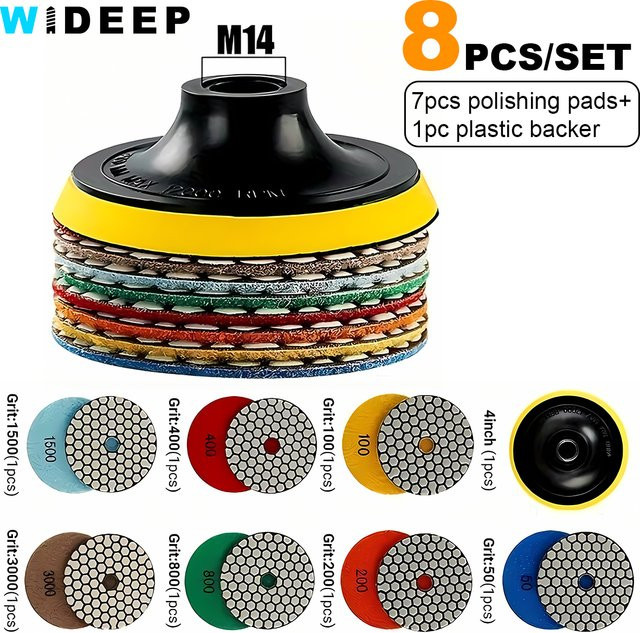 WIDEEP 8-teiliges Diamant-Polierpad-Set 4 Zoll Trockenschleifscheiben für Granit, Marmor, Glas und Beton - Bild 1