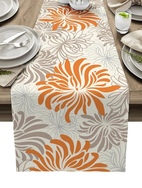 JINGYUE Pet Tischläufer aus Leinen mit orangefarbenem Chrysanthemen-Blumenmuster, Farbe: Weiß und Orange, Breite: 150 cm, Tiefe: 33 cm - Bild 1