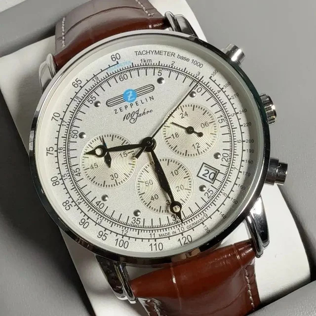 Zeppelin Armbanduhr Quarz, Leder, Edelstahl, Silber, Weiß, Herren - Bild 1