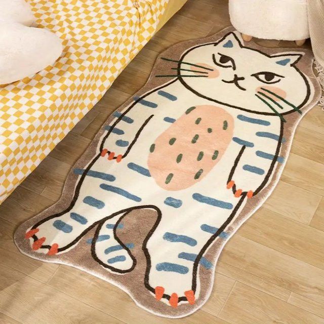 VIKAMA Druckteppich in Weiß mit niedlichem Katzenmotiv in unregelmäßiger Form für Schlafzimmer und Kinderzimmer - Bild 1