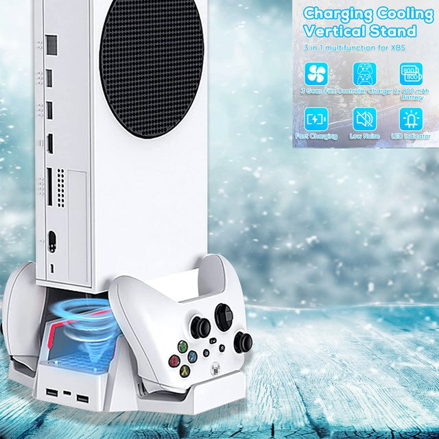 Kühlständer für Xbox Series S mit Dual-Lüftern, Dual-Controller-Ladestation mit LED-Anzeige und zwei 800 mAh Akkus in Weiß - Bild 1