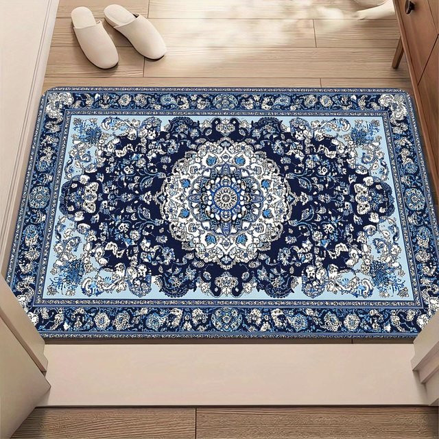 LjqThirteen Vintage Persischer Orientteppich mit floralem Medaillon in Blau, maschinell gewebt, rutschfest und waschbar, B/T: 40 x 60 cm - Bild 1