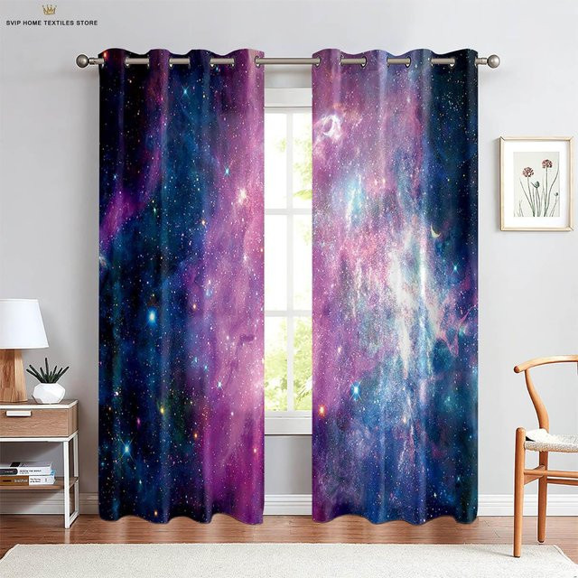 Yiran Furniture Sternenhimmel Fenstervorhänge mit 3D-Planet-Print, halbtransparent, Mehrfarbig, 2er-Set, Breite: 50 cm, Höhe: 130 cm - Bild 1